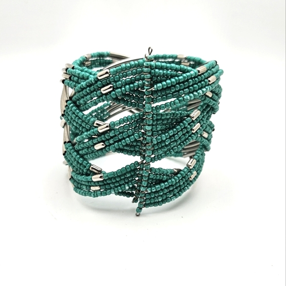 ๐ข3/$19๐ข Teal Turquoise Color Seed Bead Silver Cuff Bracelet - Picture 3 of 5